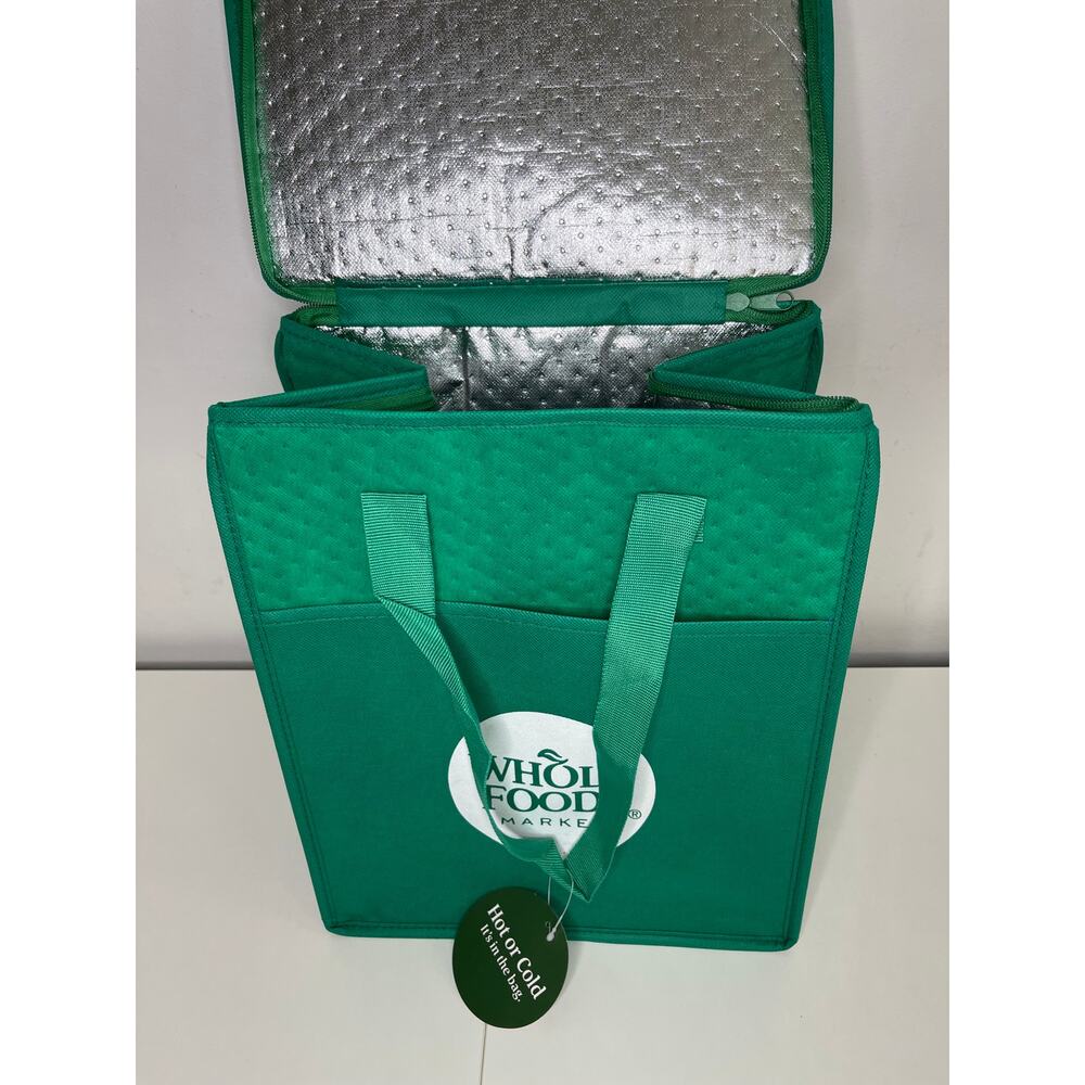Set of 2! Whole Foods Hot Cold Insulated Cooler Tote Bags, Green Gray White Logo - Picture 3 of 14
